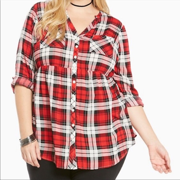 torrid Tops - Torrid Size 2x Plaid Button Front Tunic Top Red